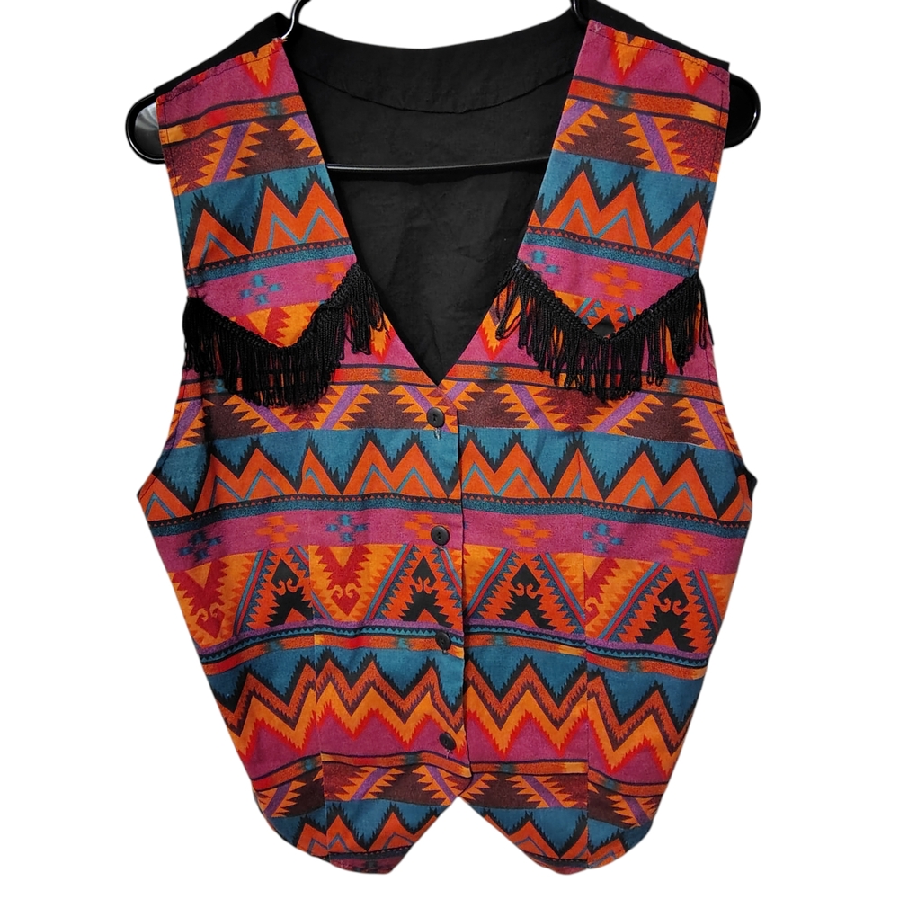 Vintage Women’s Medium Southwestern Multicolor Vest with Fringe Detail
